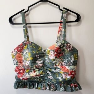 B.O.G. Collection Size L Floral Smocked Green Crop Top with Straps